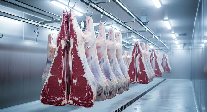 Chilled beef carcasses hanging in a cold storage room, showcasing the meat industrys preservation techniques and quality control measures in place - Powered by Adobe