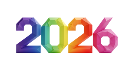 Colorful 2026 numbers with a rainbow gradient isolated on transparent background