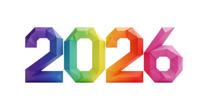 Colorful 2026 numbers with a rainbow gradient isolated on transparent background
