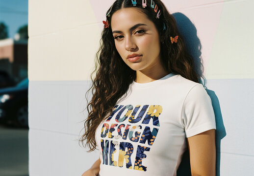 Modern T-Shirt Mockup Featuring Female Model Against a Minimal Wall Background