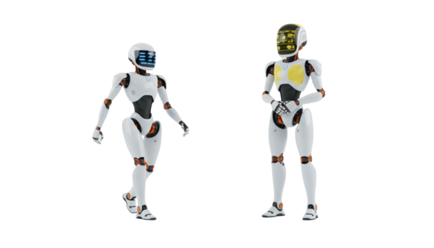 Two humanoid robots with digital faces stand against a black background