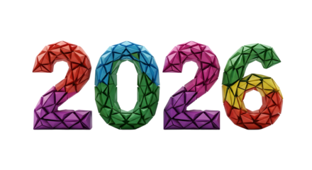 Colorful 2026 numbers isolated on transparent background