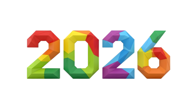 Colorful 2026 numbers with rainbow effect isolated on transparent background
