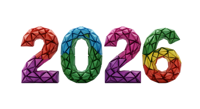 Colorful 2026 numbers isolated on transparent background