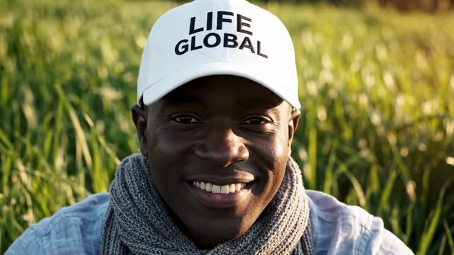 In the foreground is a smiling man with dark skin. He is wearing a white baseball cap with the black inscription "LIFE GLOBAL". 
The background is a field with tall green grass that is out of focus. S