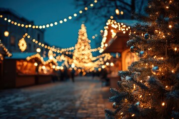 Naklejka premium Christmas market atmosphere with a decorated tree and bright holiday lights at night