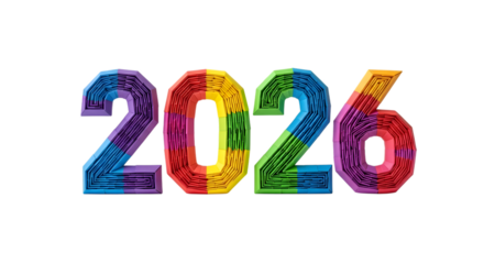 Colorful 2026 numbers isolated on transparent background