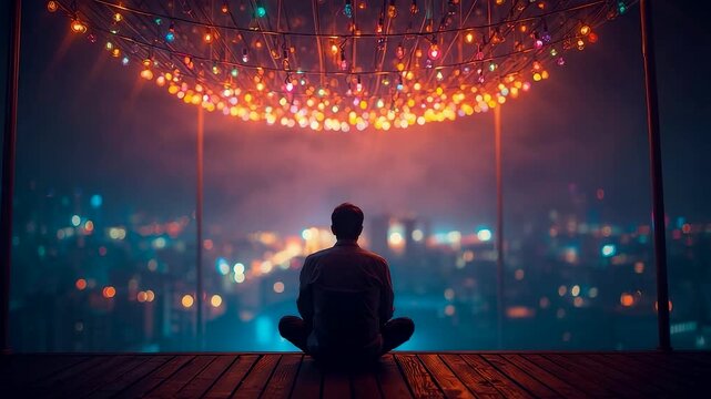 Person meditating cross-legged under warm string lights facing glowing night city skyline