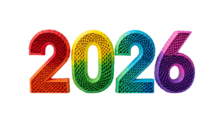Colorful 2026 numbers with intricate patterns isolated on transparent background