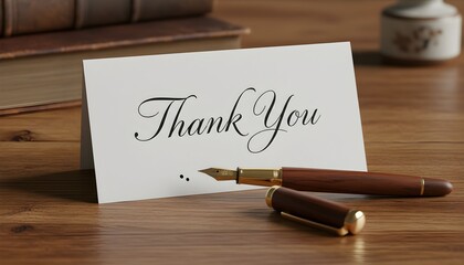 An elegant 'Thank You' card written in cursive script rests on a wooden desk with a classic fountain pen.
