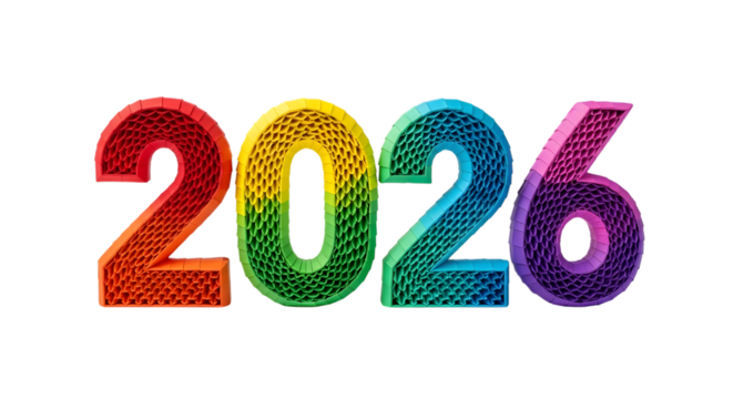 Colorful 2026 numbers with intricate patterns isolated on transparent background