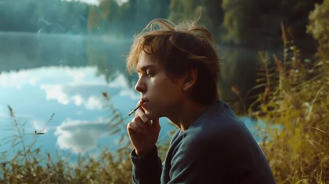 Marijuana cannabis topic concept. A young man exhaling smoke from a cigarette against a serene backdrop of a calm lake surrounded by lush greenery.