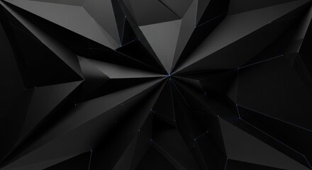 Stunning dark black background abstract geometric background with sharp edges and subtle blue light connections creating a modern, sophisticated, and dynamic visual.