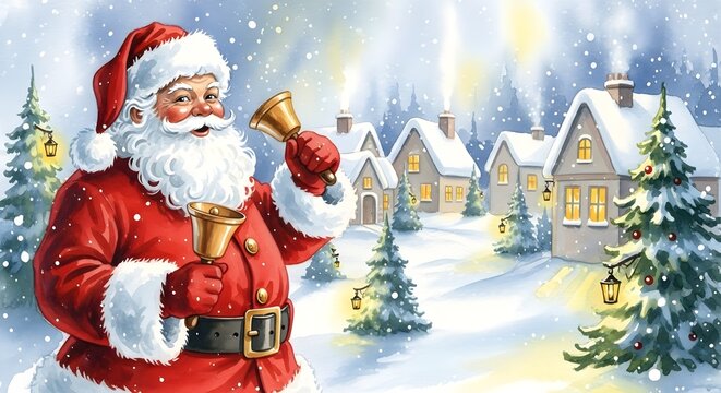 Santa claus ringing a bell in a snowy village on christmas eve with twinkling lights and festive trees
