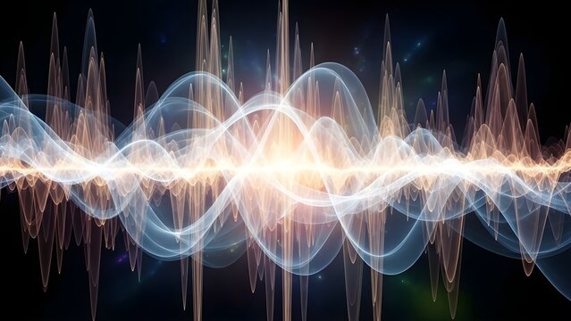 Abstract visualization of energetic sound waves and light pulses in a dark environment