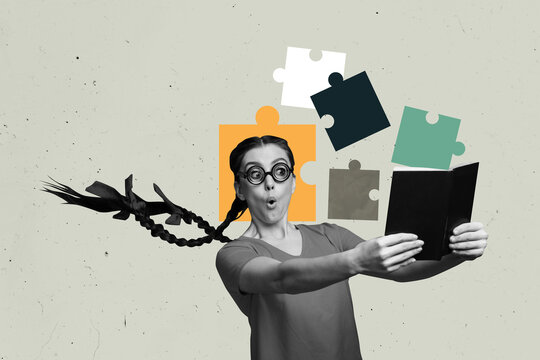 Creative poster banner 3d collage photo of shocked girl hold book reader puzzle element jigsaw progress statistics progress