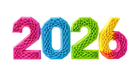 Colorful 2026 numbers made of paper quilling isolated on transparent background