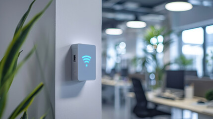 Modern office space featuring WiFi access point on wall surrounded by green plants and workstations during daytime, copy space