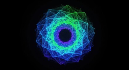 Dynamic geometric fractal vortex glows with vibrant neon blue to green hues against a deep black background, symbolizing innovation and cosmic mystery.