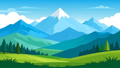 A bright, simplified landscape of layered blue mountains, green valleys, and a snow-capped peak under a partly cloudy sky