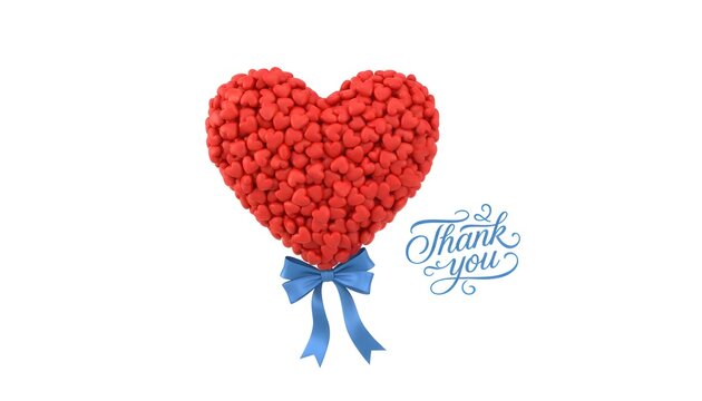 A heart shape composed of many smaller red hearts, tied with a blue ribbon, next to a 'Thank you' message.