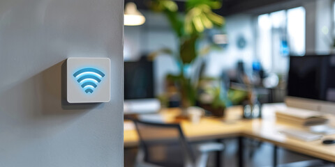 Wireless internet access point in empty modern office workspace during daylight