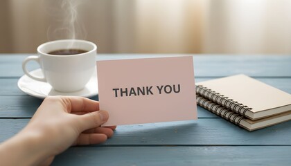 A hand holds a pink card with the words "THANK YOU" written on it, next to a steaming cup of coffee and notebooks.