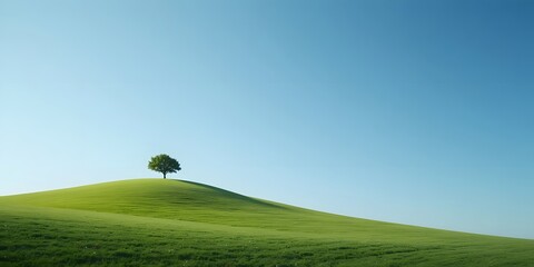 Lone Tree on Gentle Green Hill Under Clear Blue Sky