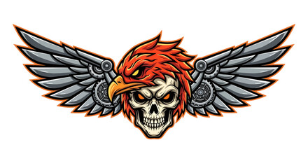 Obraz premium A graphic head mascot featuring a skull with a red bird's hair and wings, set against a clean white background with a bold and edgy design.