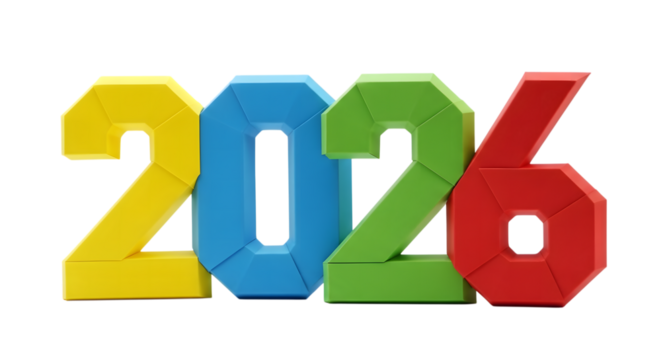 Colorful 2026 numbers isolated on transparent background - Powered by Adobe