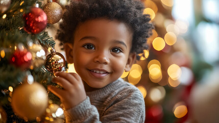 Young smiling african american boy joyfully decorating Christmas tree with colorful ornaments in warmly lit living room during the holiday season