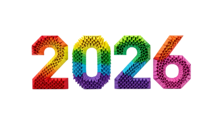 Colorful 2026 numbers with abstract texture isolated on transparent background
