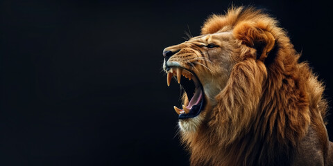 Naklejka premium Majestic lion roaring in dramatic display against dark background with copy space capturing the essence of wild nature and power in its habitat