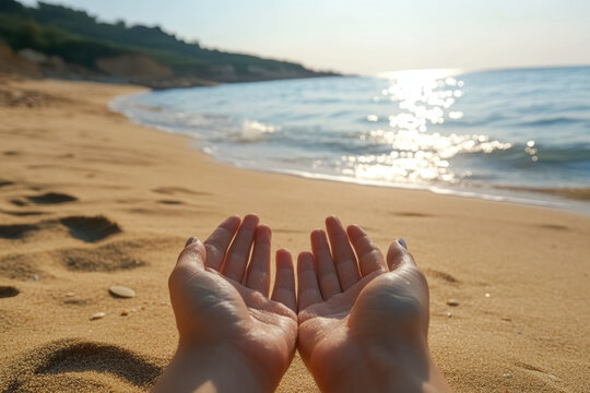 Hands reaching out towards the shimmering ocean shore during a peaceful sunset by the beach on a warm summer evening - Powered by Adobe