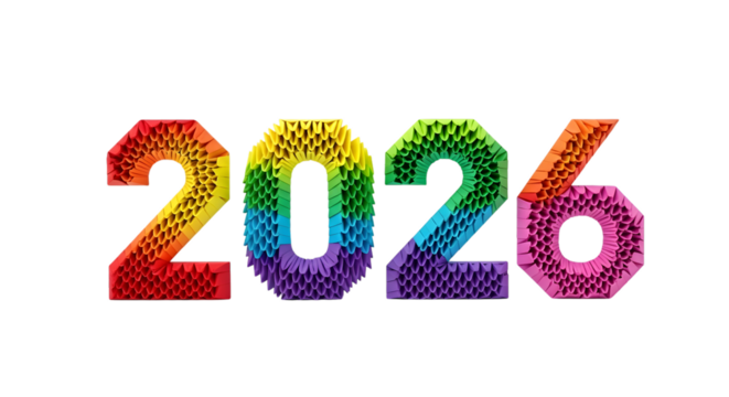 Colorful 2026 numbers with abstract texture isolated on transparent background