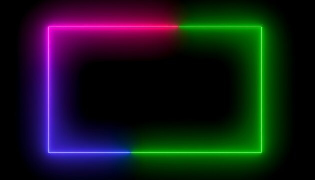 Glowing rectangular border made of colorful neon lights in pink, blue, and green. Luminous abstract frame with shining effects and copy space on a dark backdrop
