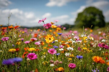 Fototapeta premium Vibrant flower field bursting with colors, showcasing yellow, pink, purple, and orange blooms against a backdrop of green trees and a blue sky, perfect for nature walks and relaxation