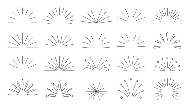 Collection of abstract sunburst and radiating line graphic elements on black sun rays radiating lines Premium PNG Icon Set – Flat, Minimal & Transparent Icons for Any Project
