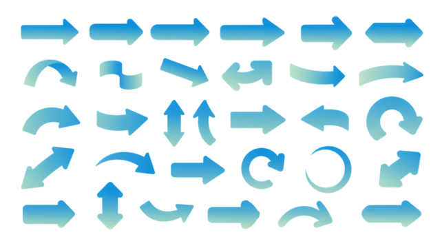 Collection of blue gradient arrows pointing in various directions on black background pointer Premium PNG Icon Set – Flat, Minimal & Transparent Icons for Any Project