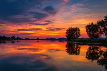 Obraz premium Serene sunset landscape with vibrant sky colors reflecting in calm river and silhouetted trees creating a tranquil outdoor scene for relaxation and peace enthusiasts