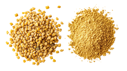 Fenugreek Whole Seeds with Fenugreek Powder Overhead Side by Side on Transparent Background