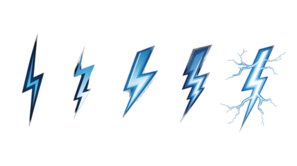 Series of Blue Lightning Bolt Icons Showing Different Styles and Intensity Premium PNG Icon Set – Flat, Minimal & Transparent Icons for Any Project