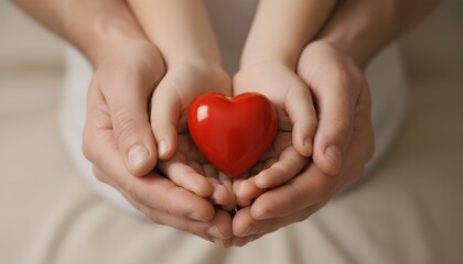 Fototapeta premium Close-up of adult and child hands holding a red heart, symbolizing love and care.