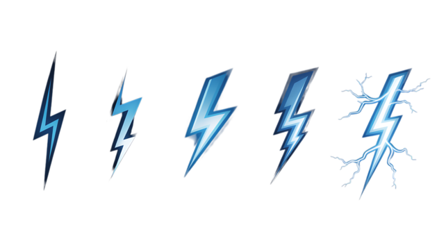 Series of Blue Lightning Bolt Icons Showing Different Styles and Intensity Premium PNG Icon Set – Flat, Minimal & Transparent Icons for Any Project