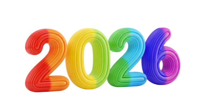 Colorful 2026 numbers isolated on transparent background