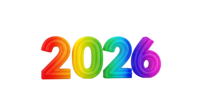 Colorful 2026 numbers isolated on transparent background