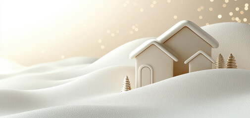 Cozy winter landscape minimal house snowy hill warm light soft focus festive scene serene mood cream color holiday decor peaceful nature blend into calm snowy valley with tiny trees and gentle