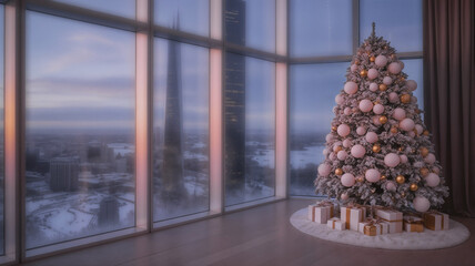 Festively decorated Christmas tree adorned with pink and gold ornaments stands in a modern high-rise apartment, showcasing a stunning city skyline view through large glass windows