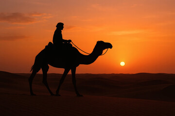 A silhouette of a person riding a camel in the desert at sunset, capturing the essence of traditional desert travel and serene landscapes