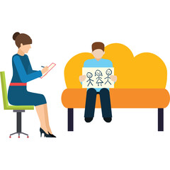 Psychologist Observes Young Boy Holding Drawing of Family During Therapy Session with Orange Couch and Green Chair